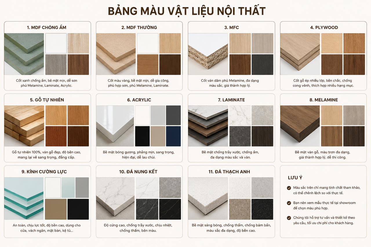 Nội Thất Giá Rẻ Tại TPHCM | Thiết Kế, Sản Xuất & Thi Công Trọn Gói | Nội Thất 3D - Thuận Thiên Bảng màu vật liệu nội thất gồm MDF chống ẩm, MDF thường, MFC, Plywood, gỗ tự nhiên, Acrylic, Laminate, Melamine, kính cường lực, đá nung kết và đá thạch anh.