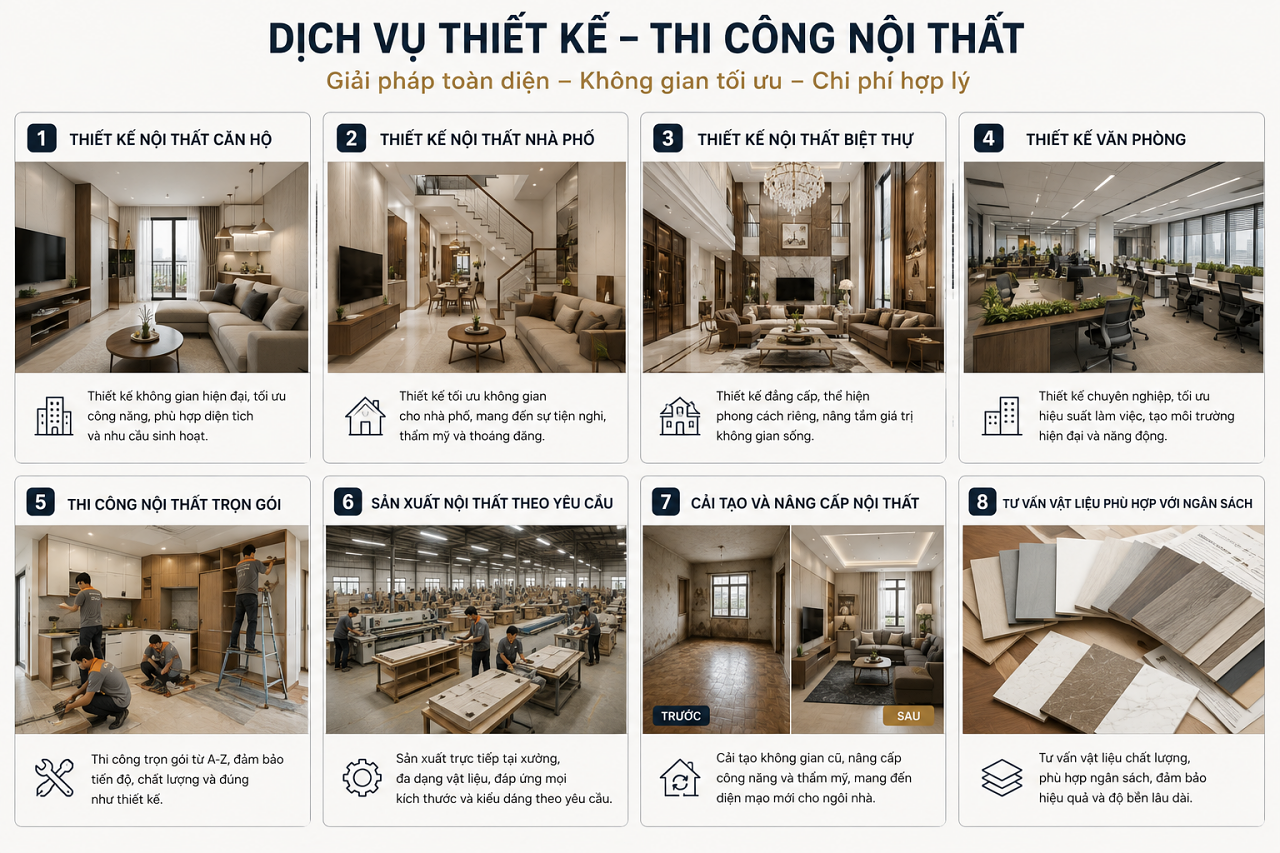 Nội Thất Giá Rẻ Tại TPHCM | Thiết Kế, Sản Xuất & Thi Công Trọn Gói | Nội Thất 3D - Thuận Thiên Infographic dịch vụ thiết kế và thi công nội thất gồm thiết kế căn hộ, nhà phố, biệt thự, văn phòng, thi công trọn gói, sản xuất nội thất theo yêu cầu, cải tạo nội thất và tư vấn vật liệu phù hợp ngân sách.
