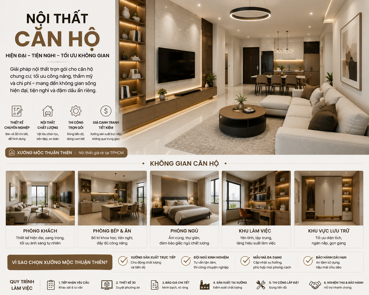 Nội Thất Giá Rẻ Tại TPHCM | Thiết Kế, Sản Xuất & Thi Công Trọn Gói | Nội Thất 3D - Thuận Thiên Thiết kế nội thất căn hộ hiện đại với phòng khách, phòng bếp, phòng ngủ, khu làm việc và hệ tủ lưu trữ được bố trí khoa học, tối ưu diện tích và công năng sử dụng.
