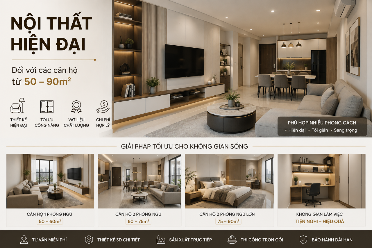 Nội Thất Giá Rẻ Tại TPHCM | Thiết Kế, Sản Xuất & Thi Công Trọn Gói | Nội Thất 3D - Thuận Thiên Thiết kế nội thất hiện đại cho căn hộ diện tích từ 50 đến 90m2 với phòng khách, bếp, phòng ngủ và không gian làm việc được bố trí tối ưu công năng.