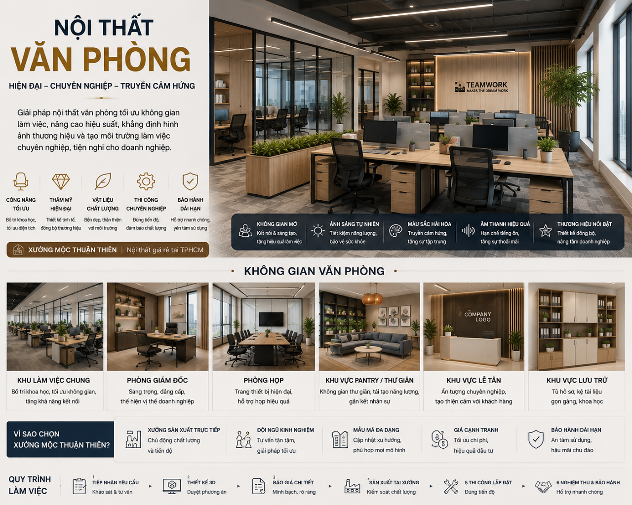Nội Thất Giá Rẻ Tại TPHCM | Thiết Kế, Sản Xuất & Thi Công Trọn Gói | Nội Thất 3D - Thuận Thiên Infographic thiết kế nội thất văn phòng hiện đại với khu làm việc chung, phòng giám đốc, phòng họp, khu pantry, quầy lễ tân và khu vực lưu trữ được bố trí tối ưu công năng.