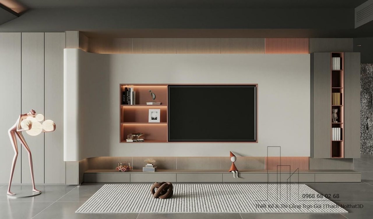 Thiết Kế Nội Thất Phòng Khách Đẹp Giá Rẻ TPHCM | Thi Công Trọn Gói | Nội Thất 3D - Thuận Thiên Vách tivi phòng khách hiện đại - thiết kế tinh gọn | thiet-ke-noi-that-phong-khach