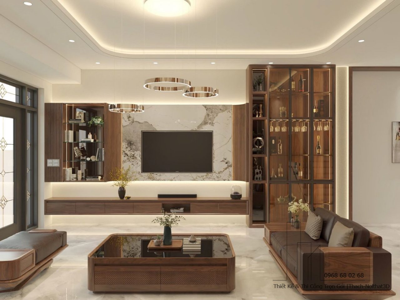 Thiết Kế Nội Thất Phòng Khách Đẹp Giá Rẻ TPHCM | Thi Công Trọn Gói | Nội Thất 3D - Thuận Thiên Tủ trang trí gỗ tự nhiên - đồng bộ sofa và kệ tivi | thiet-ke-noi-that-phong-khach