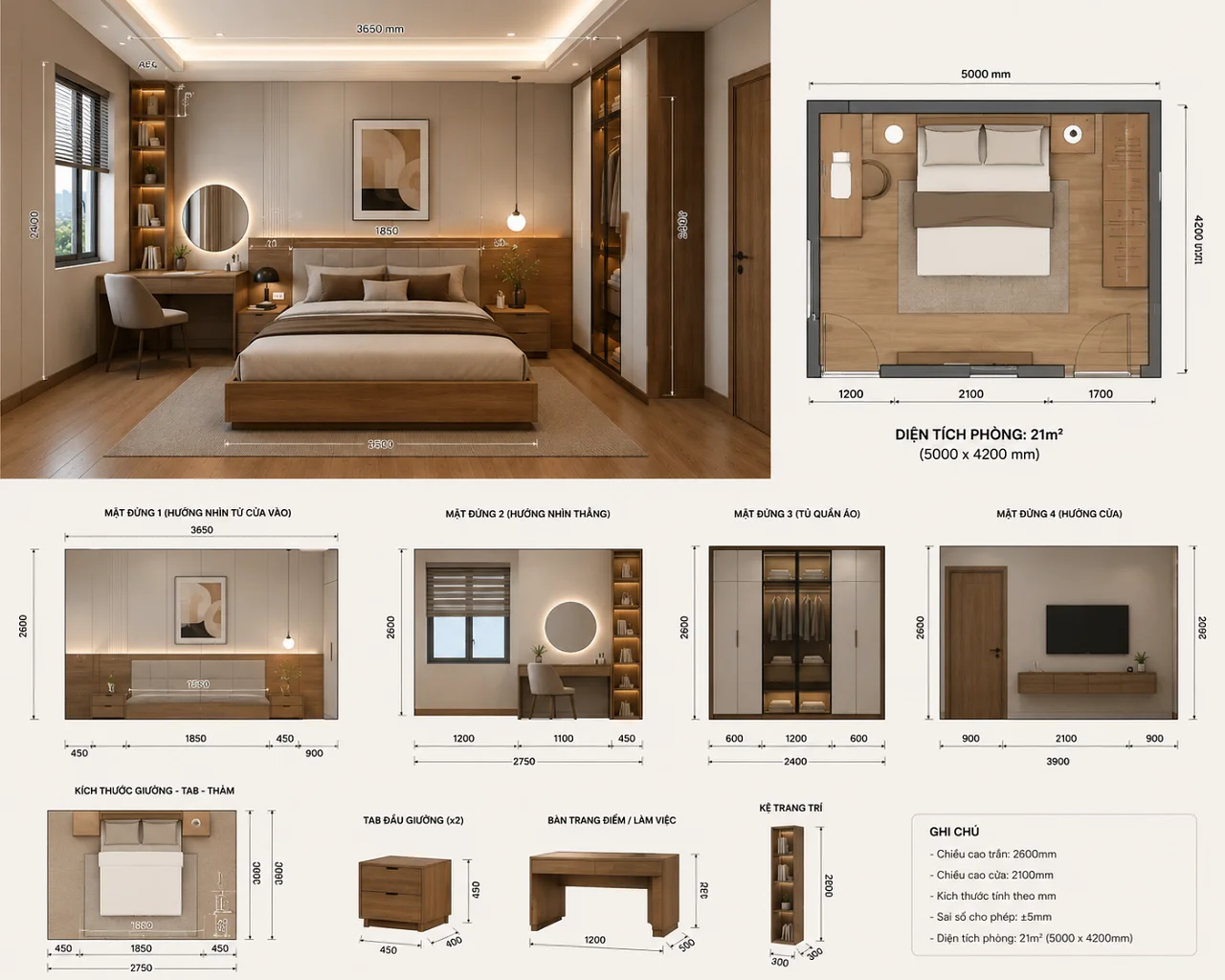 Combo nội thất phòng ngủ 21m2 MDF kháng ẩm hiện đại đẹp sang trọng | Nội Thất 3D - Thuận Thiên chi tiết kích thước nội thất phòng ngủ 21m2 | combo-phong-ngu-21m2