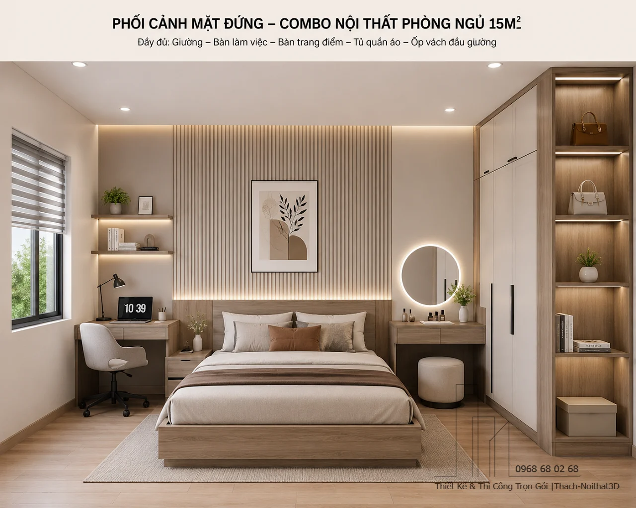 Combo nội thất phòng ngủ 15m2 MDF kháng ẩm hiện đại | Nội Thất 3D - Thuận Thiên combo nội thất phòng ngủ 15m2 hiện đại đầy đủ công năng | combo-phong-ngu-15m2