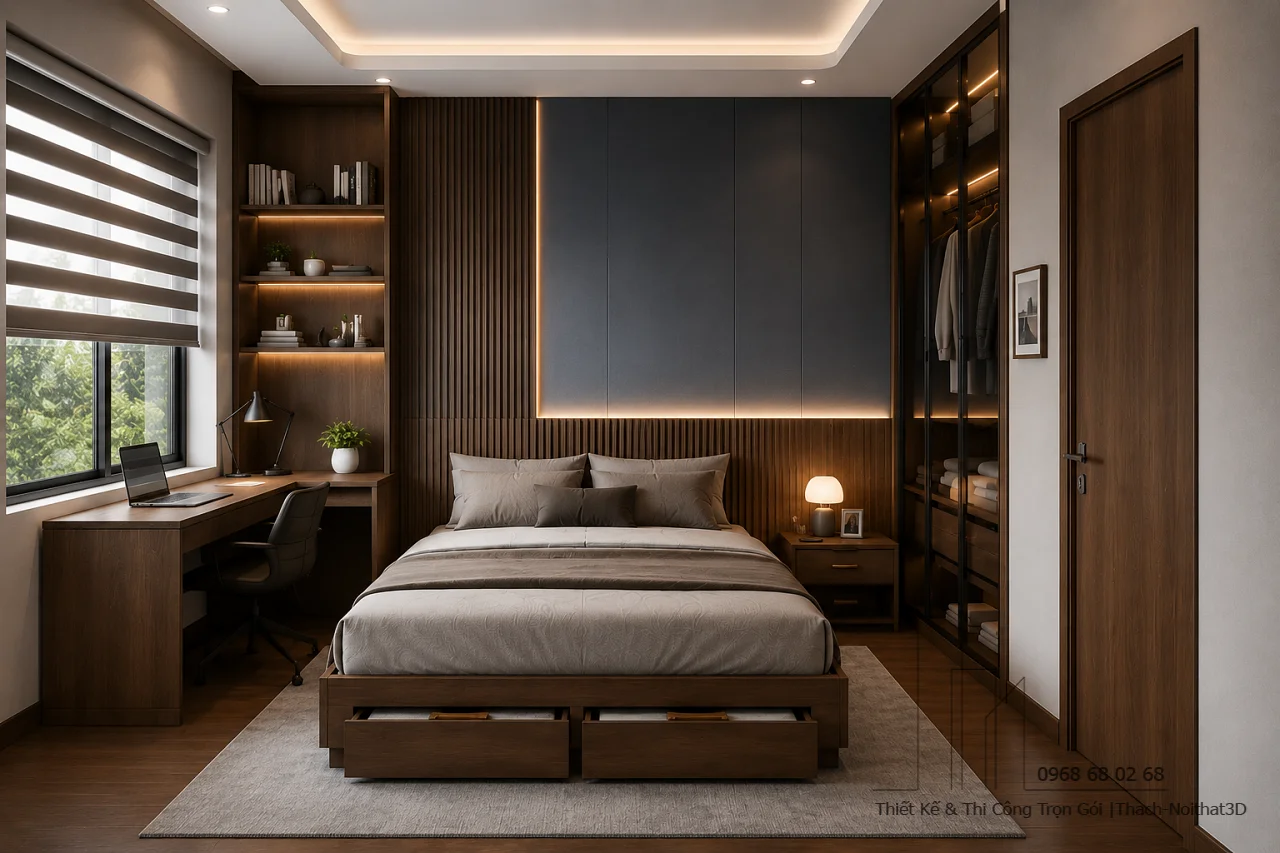 Combo Nội Thất Phòng Ngủ 19m2 Hiện Đại | Nội Thất 3D - Thuận Thiên combo nội thất phòng ngủ 19m2 gỗ óc chó hiện đại | combo-noi-that-phong-ngu-19m2