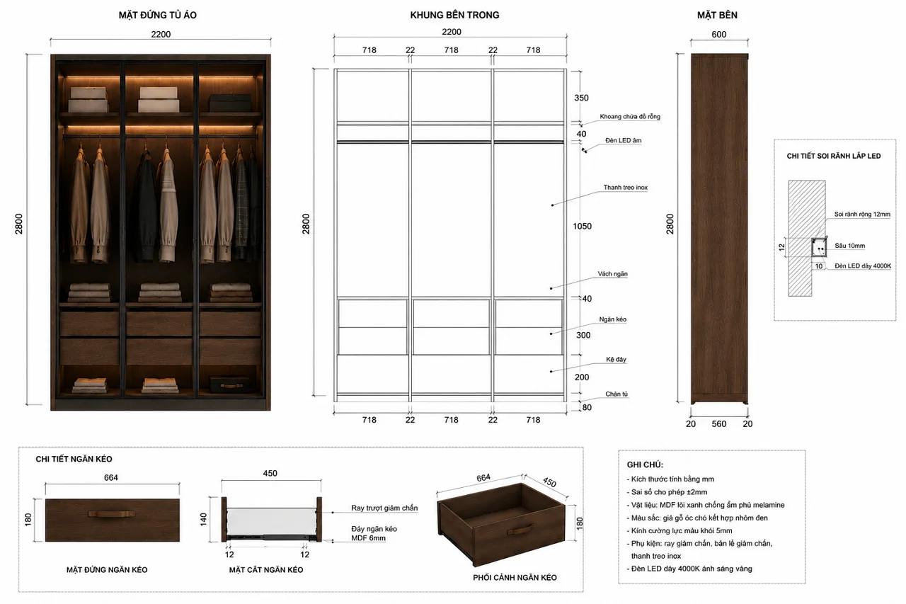 Combo Nội Thất Phòng Ngủ 19m2 Hiện Đại | Nội Thất 3D - Thuận Thiên tủ quần áo cánh kính phòng ngủ 19m2 | combo-noi-that-phong-ngu-19m2