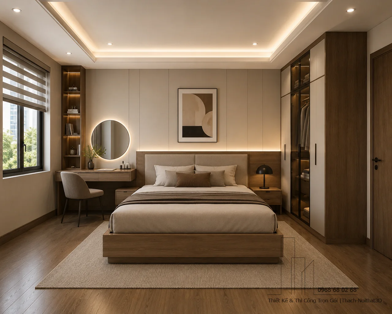 Combo nội thất phòng ngủ 21m2 MDF kháng ẩm hiện đại đẹp sang trọng | Nội Thất 3D - Thuận Thiên combo nội thất phòng ngủ 21m2 hiện đại gỗ óc chó | combo-phong-ngu-21m2