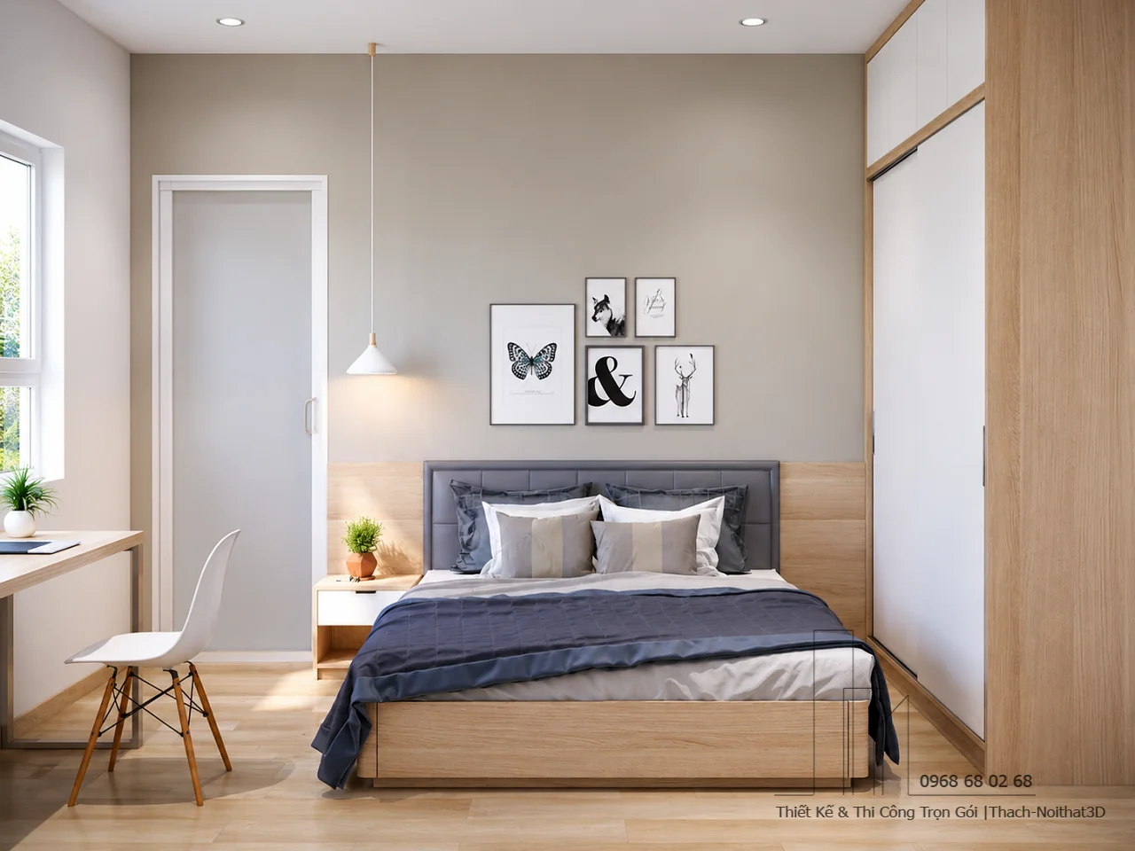 Combo Phòng Ngủ Có Bàn Học Hiện Đại Cho Chung Cư | Nội Thất 3D - Thuận Thiên Combo phòng ngủ có bàn học hiện đại tone gỗ sáng phối trắng cho chung cư