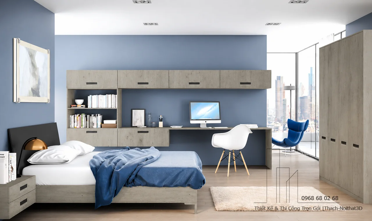 Combo Phòng Ngủ Có Bàn Làm Việc Hiện Đại A15 Đẹp Tối Giản | Nội Thất 3D - Thuận Thiên Combo phòng ngủ hiện đại đẹp tone xám bê tông phối vân gỗ cho chung cư
