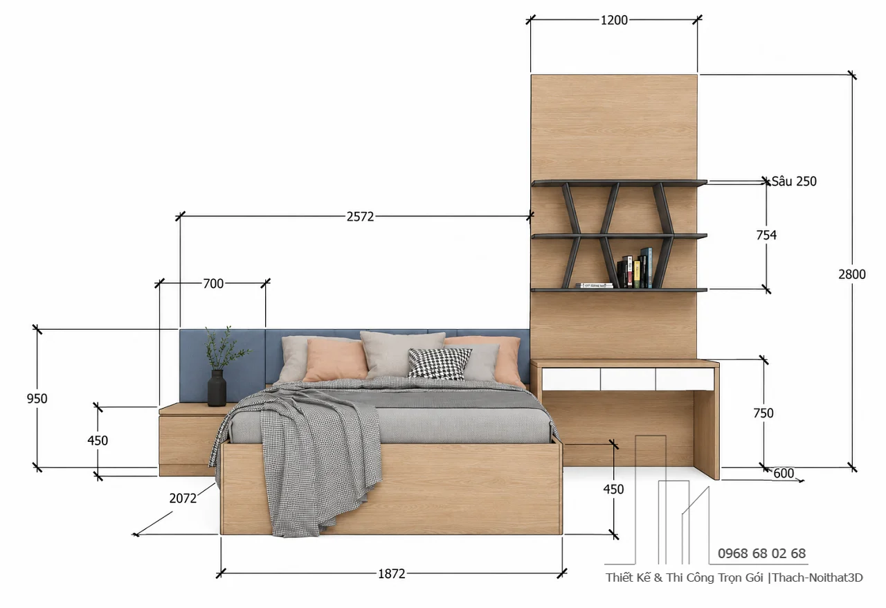 Combo Phòng Ngủ Có Bàn Học Cho Chung Cư A18 | Nội Thất 3D - Thuận Thiên Kích thước giường ngủ kết hợp bàn học liền kệ sách combo phòng ngủ A18