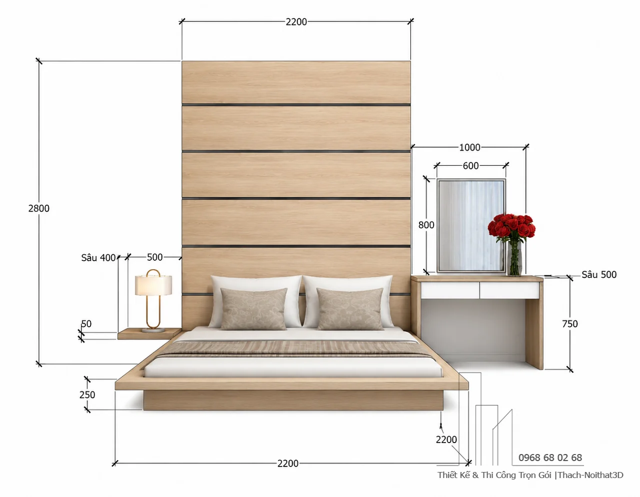 Combo Phòng Ngủ Vân Gỗ Sáng A19 Tối Giản Hiện Đại | Nội Thất 3D - Thuận Thiên Kích thước giường ngủ kiểu Nhật và bàn trang điểm combo phòng ngủ A19 vân gỗ sáng