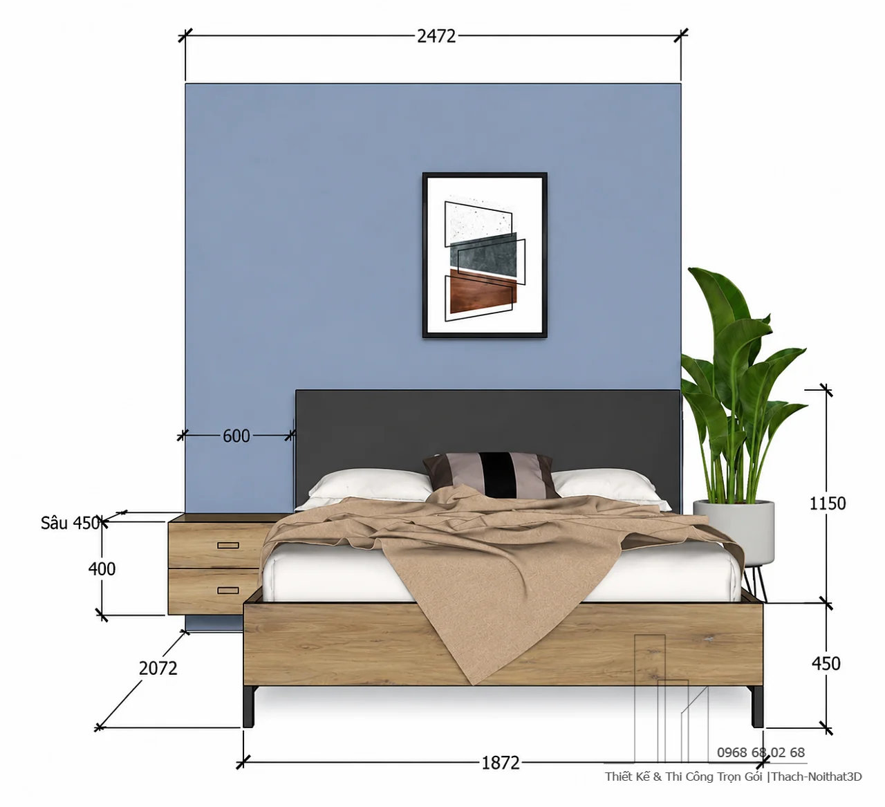Combo Phòng Ngủ Có Bàn Làm Việc Hiện Đại A15 Đẹp Tối Giản | Nội Thất 3D - Thuận Thiên Kích thước bàn học liền kệ treo combo phòng ngủ hiện đại đẹp