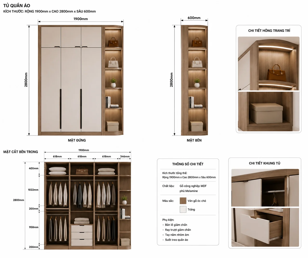 Combo nội thất phòng ngủ 15m2 MDF kháng ẩm hiện đại | Nội Thất 3D - Thuận Thiên tủ quần áo MDF phòng ngủ 15m2 cao kịch trần | combo-phong-ngu-15m2