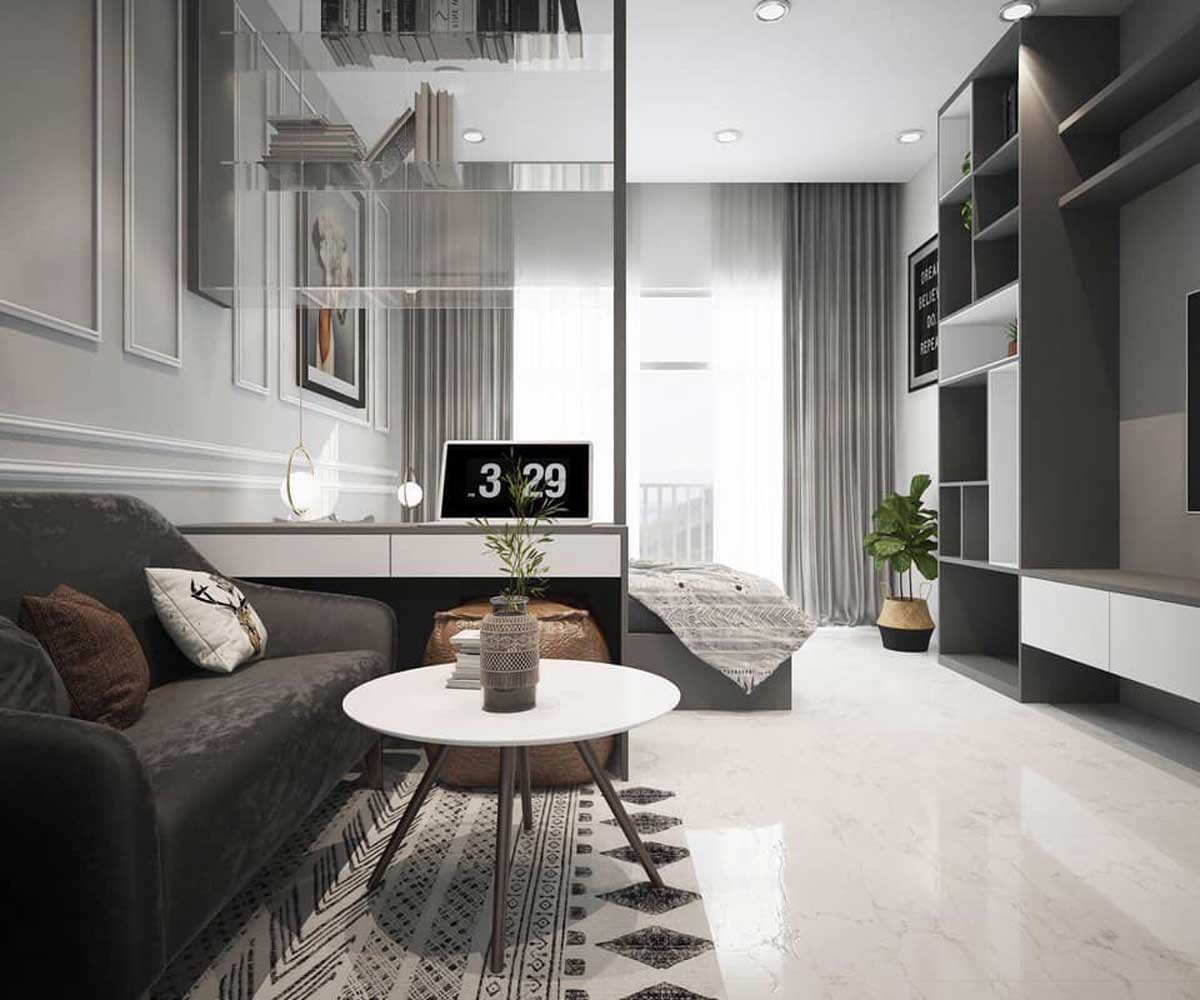 Thiết kế phòng khách chung cư theo phong cách tối giản 01