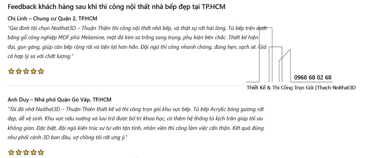 Feedback khách hàng sau khi thi công nội thất nhà bếp đẹp tại TPHCM.
