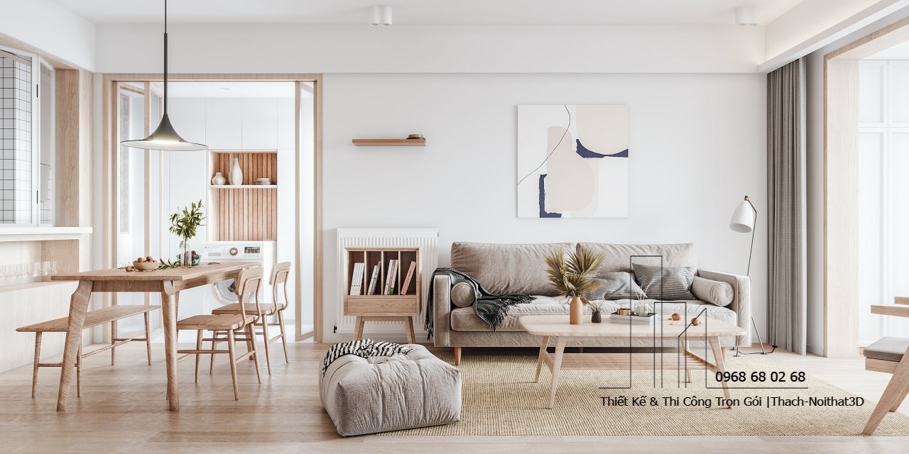 Nội Thất Nhà Cấp 4 Đẹp Giá Rẻ – Mẫu Hiện Đại 2025 | Nội Thất 3D - Thuận Thiên View phòng khách + bếp – WABISABI gỗ tự nhiên