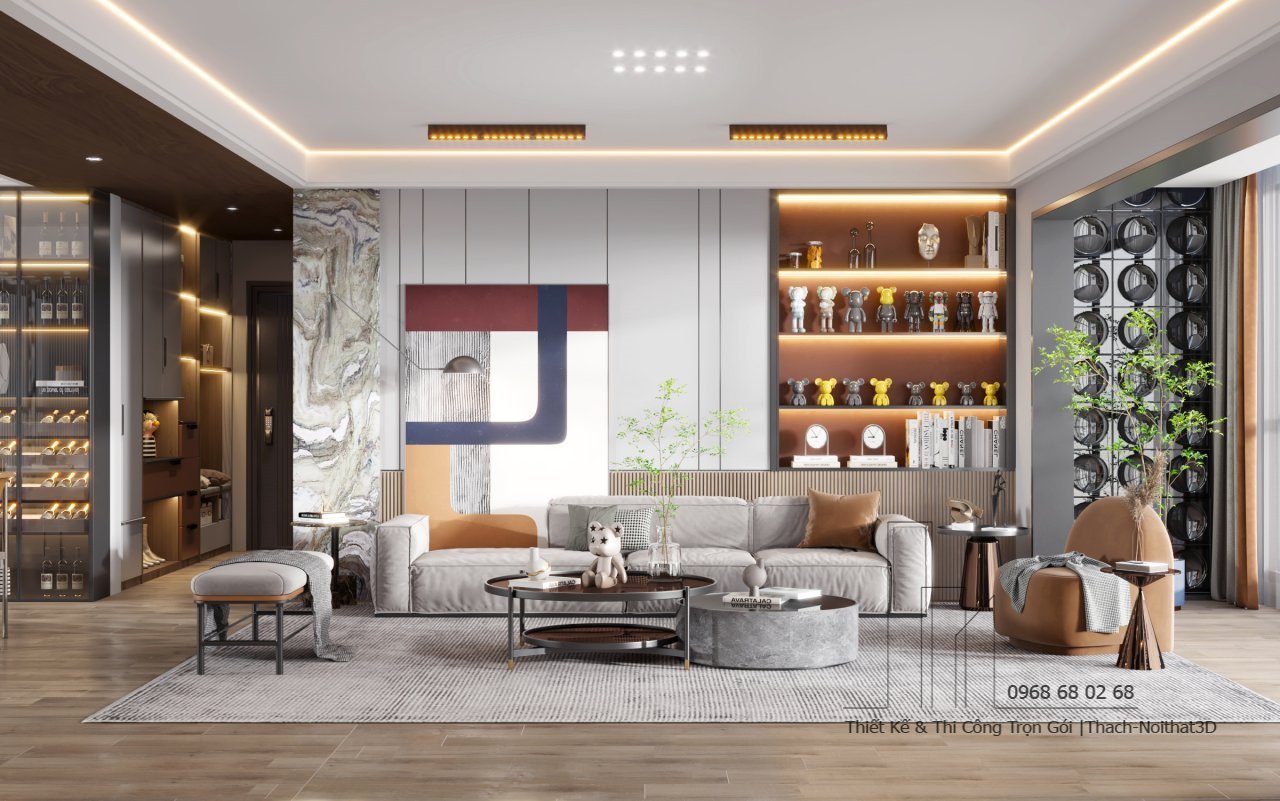 Nội Thất Phòng Khách Giá Rẻ, Thi Công Trọn Gói Tại TPHCM | Nội Thất 3D - Thuận Thiên Thiết kế phòng khách chung cư phong cách tối giản