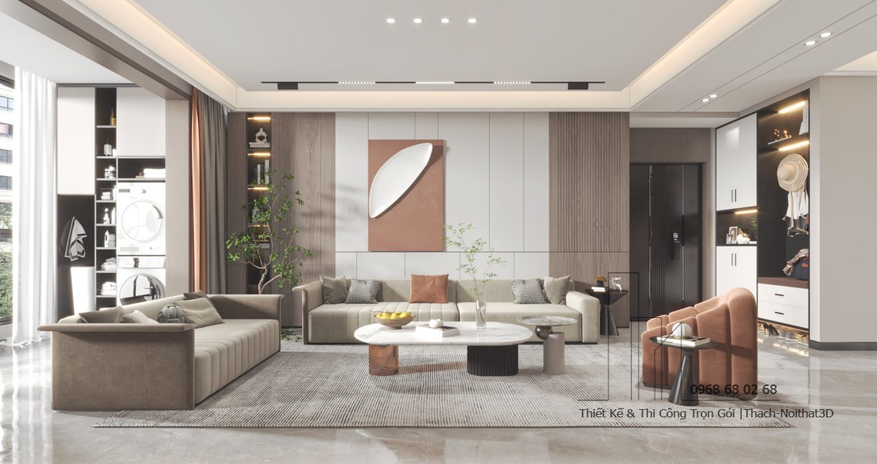 Nội Thất Phòng Khách Giá Rẻ, Thi Công Trọn Gói Tại TPHCM | Nội Thất 3D - Thuận Thiên Thiết kế phòng khách đẹp phong cách tối giản