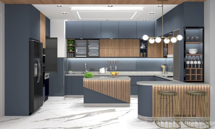 giải pháp thi công đảo bếp gỗ mdf tích hợp hệ tủ kho ngăn kéo và thiết bị âm tiện nghi hiện đại | dao-bep-go-mdf