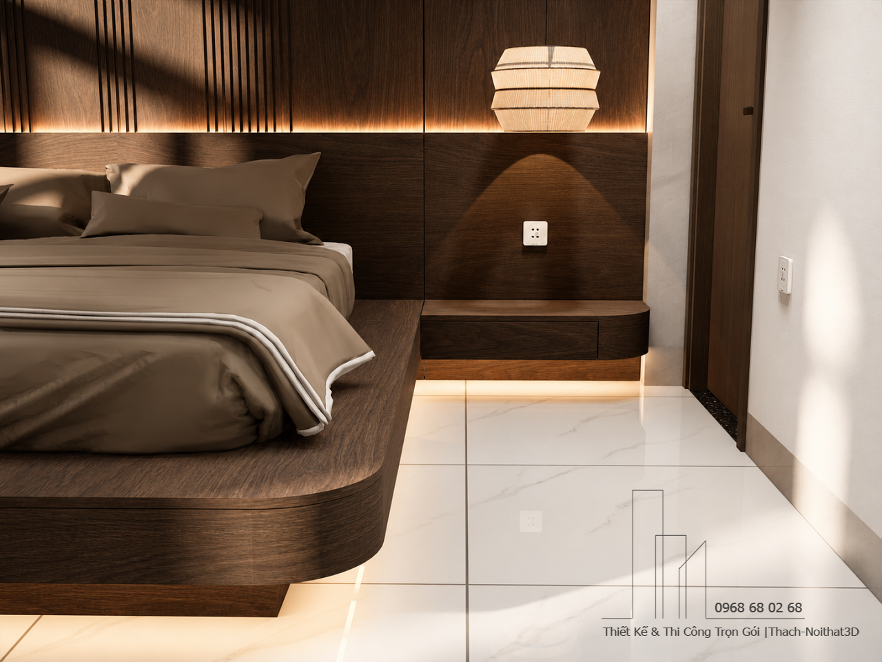 Phòng Ngủ Bố Mẹ Vân Gỗ Óc Chó 20m² Giá Rẻ | Combo 63 Triệu | Nội Thất 3D - Thuận Thiên Chi tiết giường bay và tab đầu giường phòng ngủ bố mẹ 20m2 vân gỗ óc chó