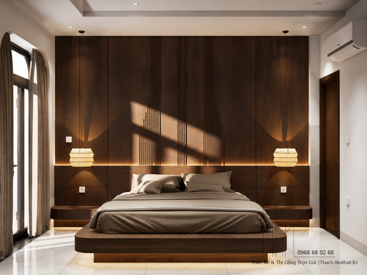 Phòng Ngủ Bố Mẹ Vân Gỗ Óc Chó 20m² Giá Rẻ | Combo 63 Triệu | Nội Thất 3D - Thuận Thiên Phòng ngủ bố mẹ vân gỗ óc chó đẹp giá rẻ tại TPHCM với giường bay và vách đầu giường