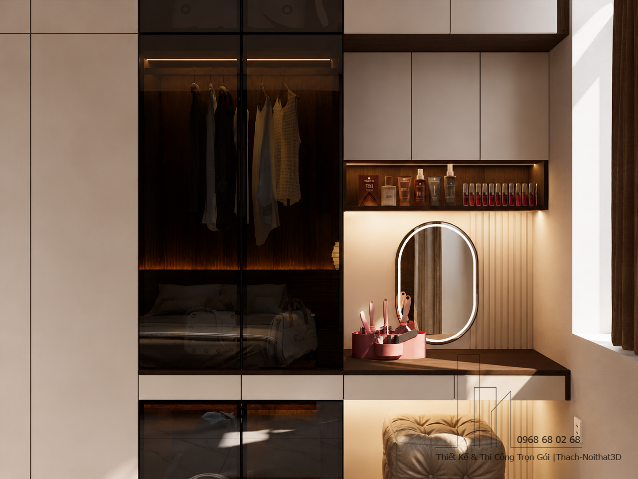 Phòng Ngủ Bố Mẹ Vân Gỗ Óc Chó 20m² Giá Rẻ | Combo 63 Triệu | Nội Thất 3D - Thuận Thiên Tủ quần áo kết hợp bàn trang điểm gỗ An Cường phòng ngủ bố mẹ